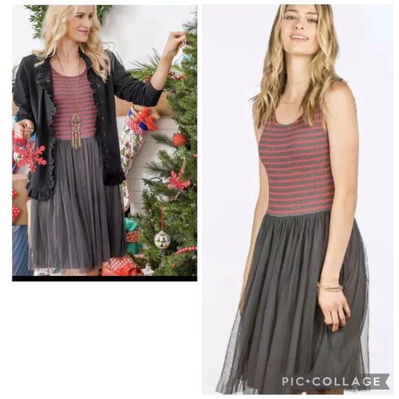 Matilda Jane T'WAS THE NIGHT Dress tank red gray Stripes Tulle Overlay - Picture 1 of 1